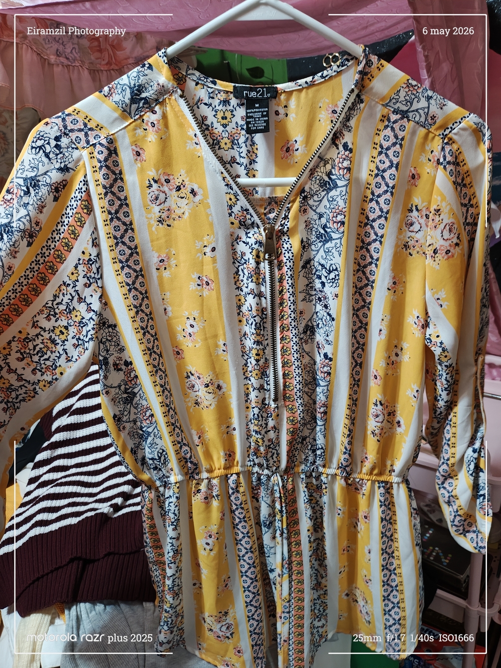 Rue21 Yellow Floral-Stripe Zip-Front Peasant Blouse